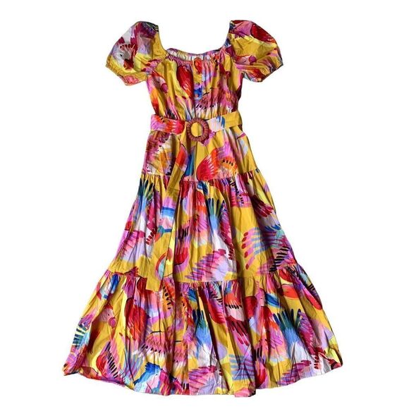 FARM Rio Neon Macaws Puff Sleeve Belted Cotton Maxi Dress - Picture 7 of 12